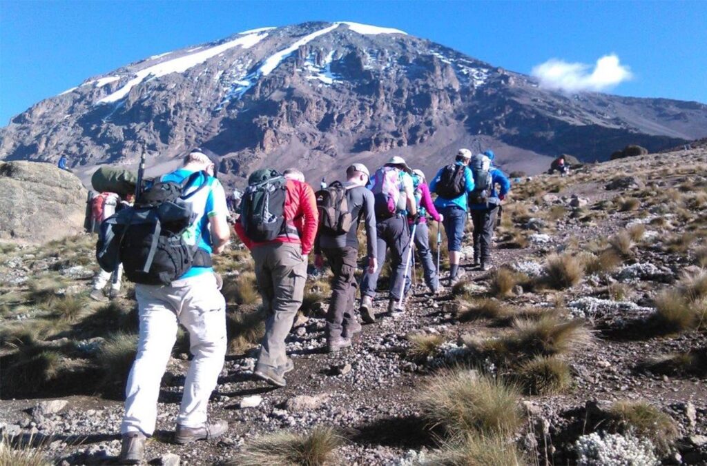 hikers climbing Mt. Kilimanjaro